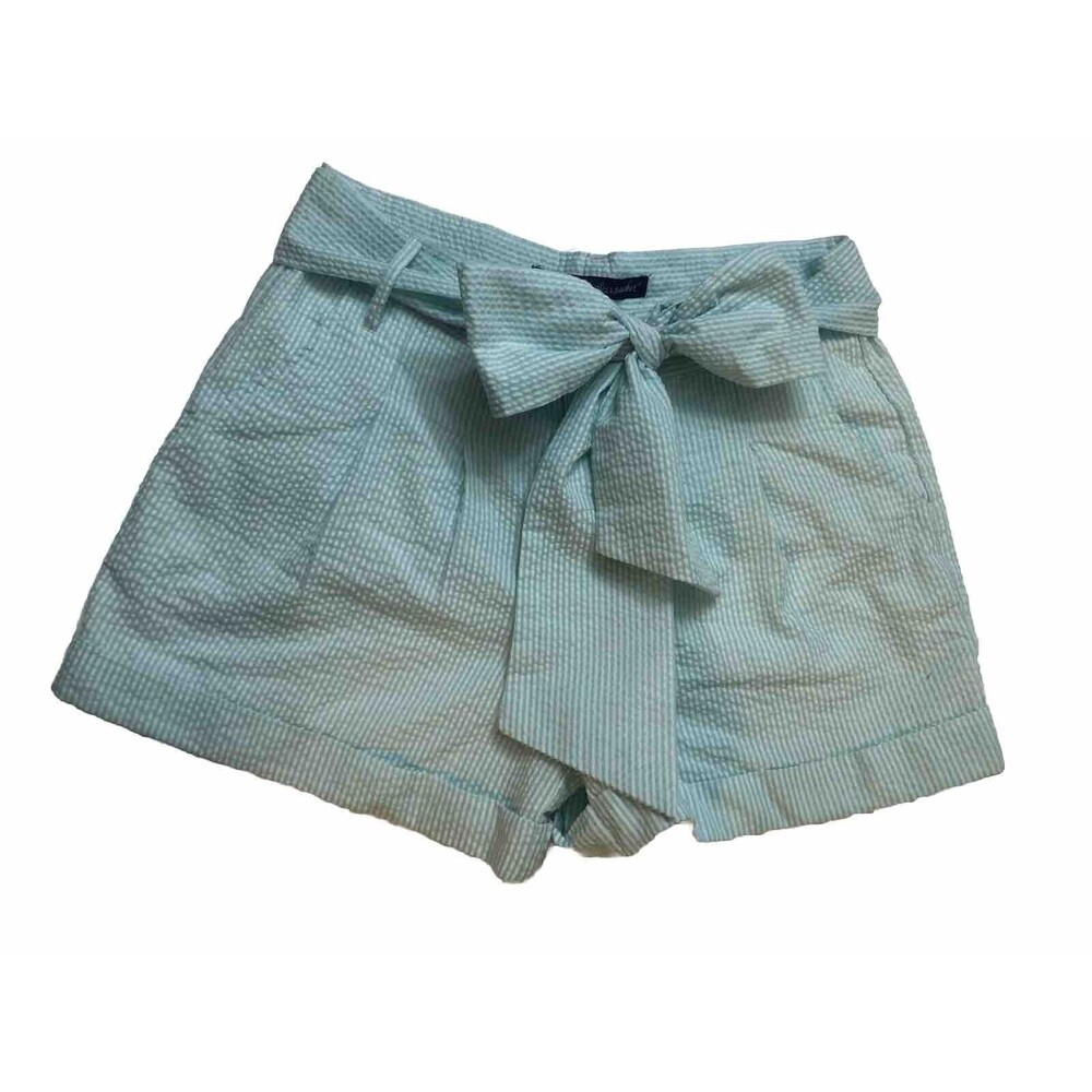 Bow Shorts By Lauren James Women Seersucker Tie Belt Folded Cuff Shorts XS Green